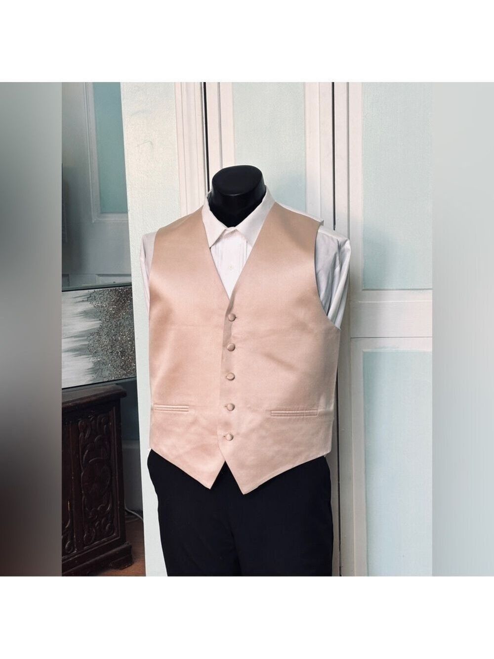 Bamboo Champagne Beige Satin Closed Back Vest Wedding Prom Men’s L Large
